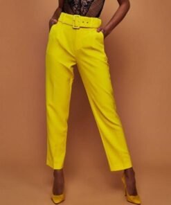 new fashion solid casual pants high waist belted straight leg slacks office lady suit pants women trousers