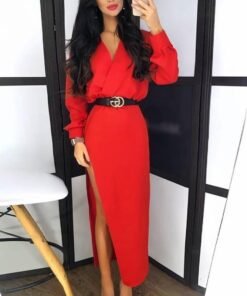 solid long sleeve slit maxi dress women v neck red black white long dress casual loose spring plunge dresses robe femme