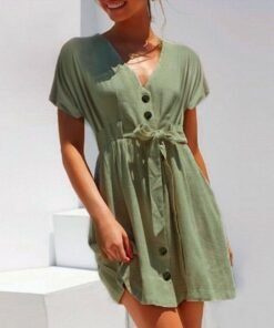 fashion women boho cotton linen sundress ladies summer short sleeve holiday beach button loose solid short dress