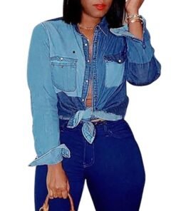 plus size blue patchwork long sleeve t shirt women turn down colllar button dejim tshirt single breasted camisas mujer