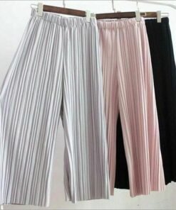 summer women solid pleated chiffon & flax elastic wide leg pants high waist casual loose culottes trousers holiday