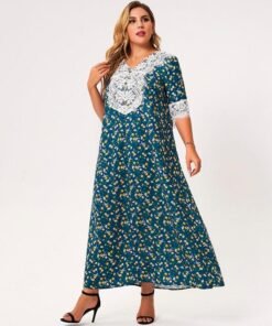 maxi dress women plus size 2021 lake blue loose floral print lace tassel half sleeve button holiday party large robes