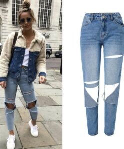 slim hole ripped jeans for women mid waist denim jeans womens pants
