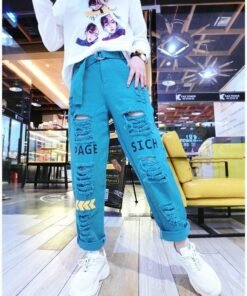 letter spliced women jeans holes pants loose candy color denim women’s pants autumn harajuku bf female joggers