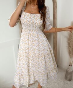square collar print dresses for women casual summer half sleeve clong chiffon floral beach dress wrap sundress
