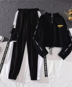 high waist 2 piece cargo pants women 2021 autumn spring loose harajuku bf 2 piece sweatshirt with joggers women