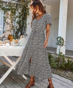 spring summer print long dress women casual butterfly slleve v neck button flroal dresses for female leisure split sundress
