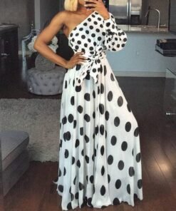 one off shoulder long sleeve long dress women bow tie waist pleasted dress summer bohemian beach maxi dresses robe femme