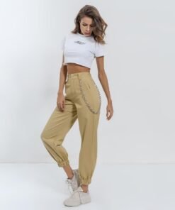 pocket chain cargo pants trousers loose high waist tie feet street hipster colorful  fashion women clothing