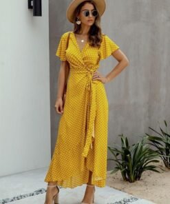 summer maxi dress women polka dot sexy v neck ruffles short sleeve holiday long beach sundress ladies lace up wrap party dresses