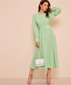 frilled cuff pleated panel fit and flare maxi dress women spring elegant solid high waist a line long dress party dress
