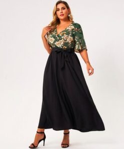 summer maxi dress women plus size green and black loose floral print belt half sleeve v-neck holiday casual large robes