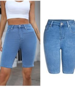 stretch light color denim shorts women's summer knee length jeans women elastic pencil shorts streetwear