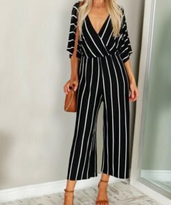 new women striped short sleeve loose baggy trousers overalls ladies summer casual long pants romper jumpsuit