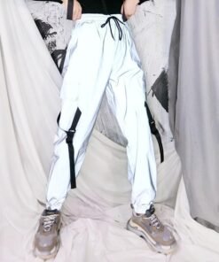 spring loose reflective cargo pants glowing streetwear ribbon sweatpant women casual  trousers hip hop harajuku cargo pants