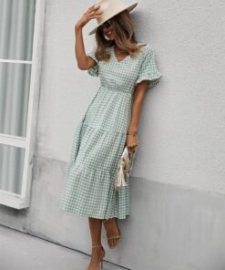 spring summer plaid casual long dress women v neck slim high waist ladies a line party maxi dress