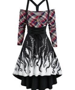 casual dress women plus size plaid octopus print cold shoulder twofer dress long sleeve faux twinset gothic party dress