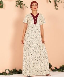 new summer long dress women 2021 apricot floral print chiffon vintage v-neck short sleeve arab robes loose party maxi dresses