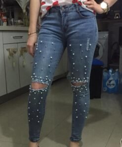 knee hole ripped jeans women stretch denim pencil pants casual slim fit rivet pearl jeans summer long trousers low waist cowboy