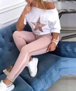 star print top & drawstring design pant sets women casusal two piece set spring tracksuit mujer