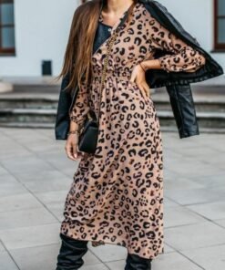 fashion women’s long sleeve leopard print long shirt dress sexy ladies v neck loose party wrap shirt maxi dress
