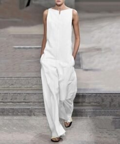 casual loose rompers womens jumpsuit summer sleeveless solid black white jumpsuit streetwear pocket long pants overalls