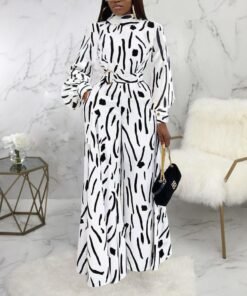 casual women jumpsuit wide leg pants stand neck long sleeve one piece jumpsuit print high waist sashes elegant overalls
