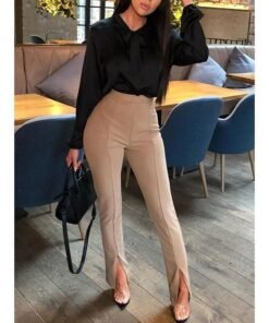 split leg slim fit pencil pants summer 2019 solid high waist pants women elegant ol ladies long trousers pantalon femme workwear