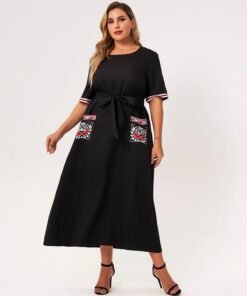 summer maxi dress women plus size black loose pockects plant hand-painted print striped short sleeve large party robes