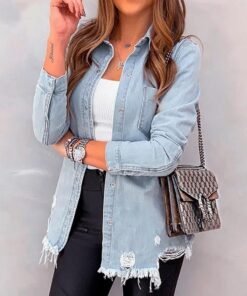 new fashion autumn women’s hole patch denim ripped jeans distressed denim long sleeve jacket coat outwear streetwear