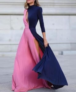 slit long maxi dress women winter color patchwork long sleeve dress