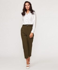 casual high waist belt ankle-length pants office lady basic pocket zipper fly green regular pencil pants  spring