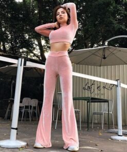 fashion women’s tracksuit velvet long sleeve sweatshirt pants 2pcs sets slim fit sport lounge wear solid casual suit