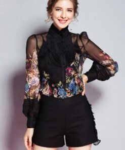 milan arrival spring women’s ruffles floral printed long sleeves elegant fashion designer silk shirts&blouses