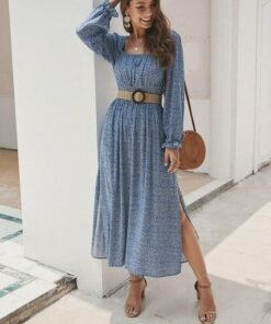 fashion trend women ladies long sleeve square neck autumn dress floral autumn pre-fall holiday long maxi dress