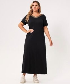 summer long dress plus size women black solid color webbing v-neck short-sleeved loose casual party large maxi dresses