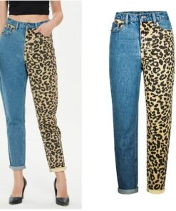 leopard patchwork jeans for women spring summer straight jeans woman high waist denim pants streetwear