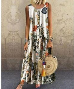 new women’s boho dress sleeveless summer floral printed beach ladies casual loose long shirt beach sundress