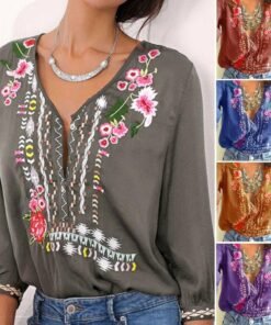 fashion women long sleeve v-neck blouses ladies summer floral printed casual v-neck loose tops shirt plus size