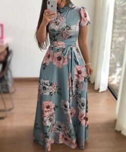 fashion summer boho vintage dresses women casual elegant long party dress floral tunic short sleeve tie waist maxi dresses