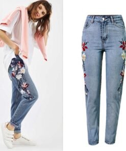 high waist embroidery jeans woman flower straight denim pants boyfriend jeans for women