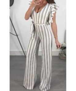 ruffle sleeve wrap jumpsuit summer fashion wide leg pants women jumpsuit striped printed high waist rompers female overalls new