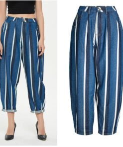 fashion high waist boyfriend jeans street style loose casual jeans striped harem trousers denim pants