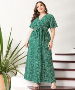 summer maxi dress women green floral sashes front belted split flared short sleeve v-neck boho holiday robes