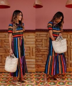 summer holiday dress women stripe boho short sleeve long maxi dress