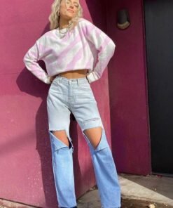 gradient loose hole jeans woman high-waist straight denim trousers women tie dye boyfriend jeans