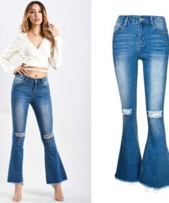 jeans woman stretch flare denim pants knee ripped jeans for women spring autumn
