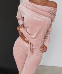 off shoulder velvet two piece set women long sleeve tops and pants set autumn casual tracksuit solid color ruched design