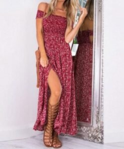 new fashion women boho off shoulder high waist short sleeve maxi dress ladeis summer floral beach casual long sundress