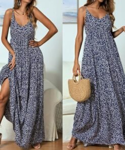 summer women’s bohemian floral sling v-neck dress fashion ladies sleeveless holiday maxi dress sundress